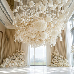 A luxurious entrance hall featuring a glass chandelier with pearl balls, walls covered in fresh white and colorful flowers, satin inlay, and elegant decor.