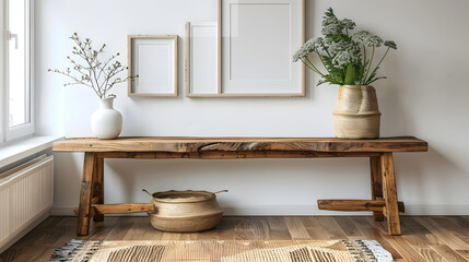 Wooden rustic bench near white wall with two frames. Farmhouse, country, boho interior design of modern home entryway, hall