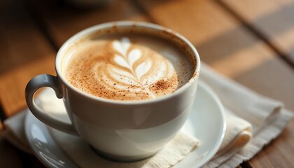 Cappuccino Coffee Cup with Latte Art on Wooden Table