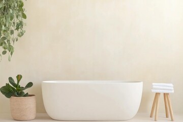 Minimalist bathroom design showcasing a clean, modern bathtub with potted plants, neutral colors, and calming atmosphere for relaxation and self care