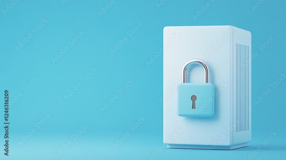 Poster secure and locked storage unit on bright blue background representing safety and protection concepts