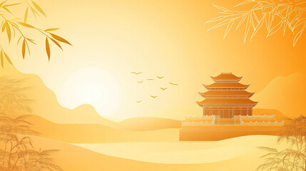 Ancient Chinese architecture with golden lines and bamboo leaf background