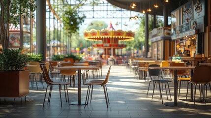 Obraz premium Empty Signboard Stands in an Amusement Park with Tables and Chairs, Creating a Calm Atmosphere Amidst Vibrant Carnival Rides and Surroundings