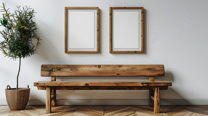 Wooden rustic bench near white wall with two frames. Farmhouse, country, boho interior design of modern home entryway, hall