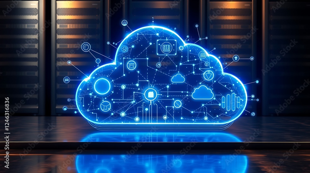 Poster cloud computing concept, cloud-based global networking, data storage, accessibility, scalability, aw