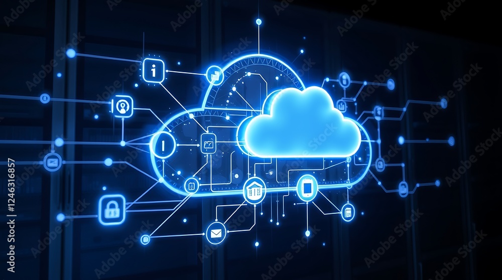 Poster cloud computing concept, cloud-based global networking, data storage, accessibility, scalability, aw