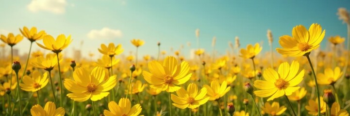 Obraz premium Yellow cosmos blooms scattered across the field, bloom, wheat, cosmos