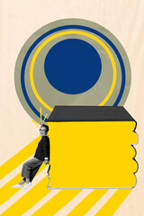 Trend artwork creative sketch 3D photo collage of aged woman stand eyewear hold huge pile book library study library education reader