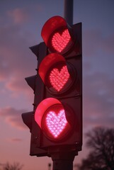 A Traffic Light With Heart-Shaped Glowing Red Lights Against a Romantic Sunset Sky.