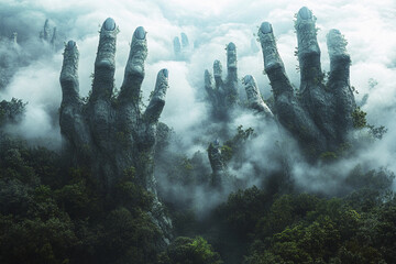 Unique giant hands emerge from a foggy forest landscape, blending nature and artistry in a surreal display of creativity