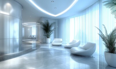 Modern white lounge area with curved walls, large windows, and potted plants
