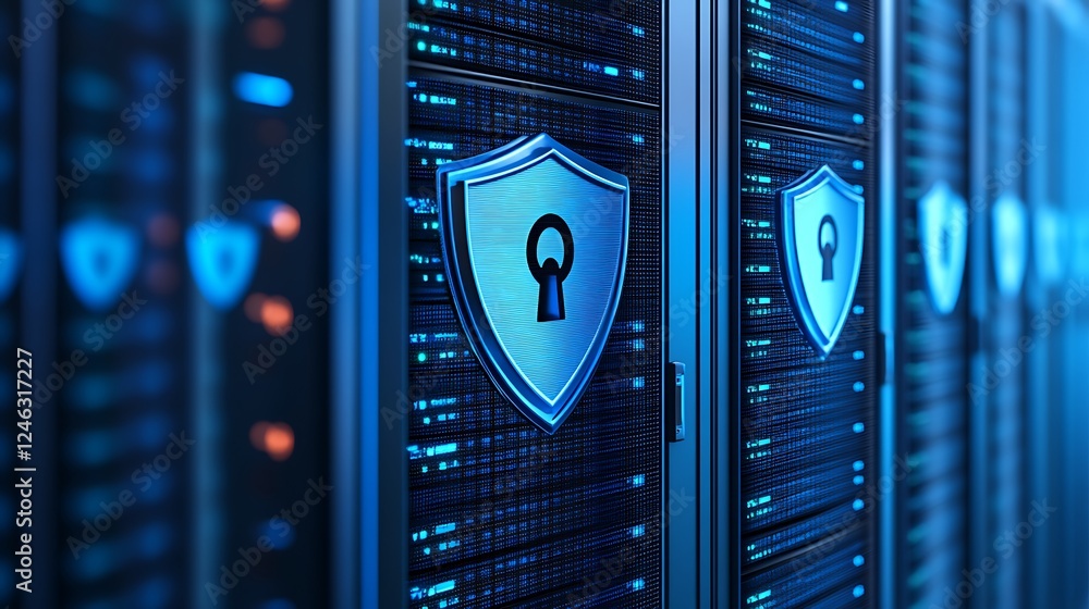 Poster secure data center with lock symbol shield representing cybersecurity and data protection in a moder