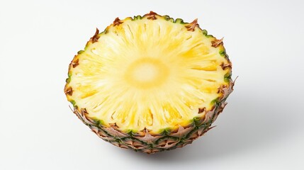 Top view of freshly cut pineapple half on white background