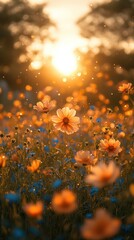 Golden Hour in a Cosmos Field: A Sunset Serenade