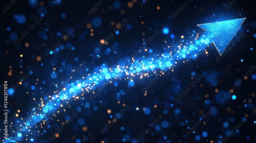 Poster blue sparkling arrow pointing upward on dark background.