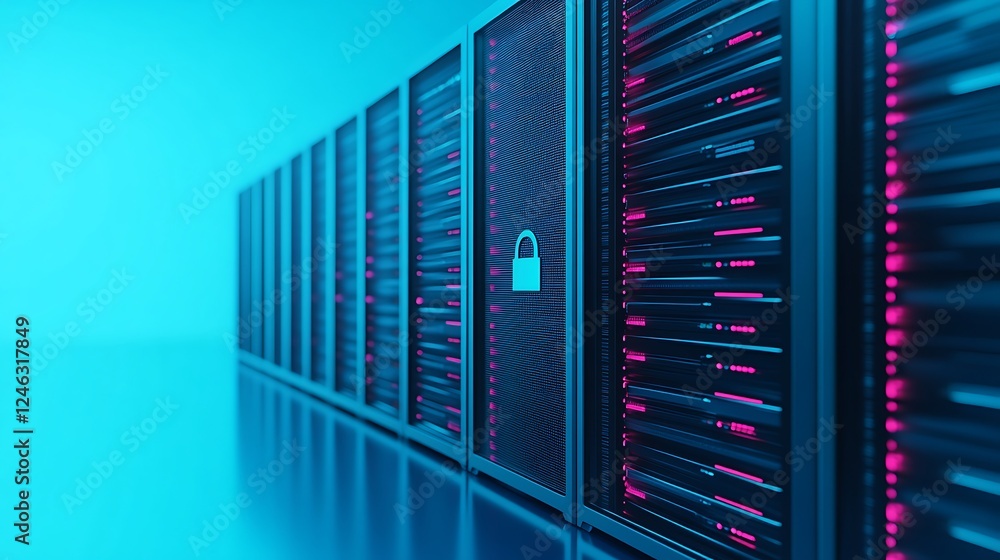 Poster secure data servers with lock symbols in modern data center environment and futuristic neon lighting