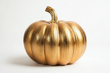 Elegant golden pumpkin with glitter accents on a clean white background for festive autumn decor