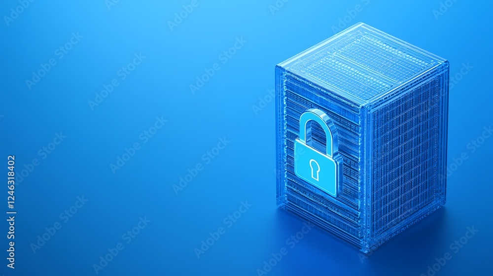 Poster secure data storage concept with lock symbol on transparent cube in modern digital environment