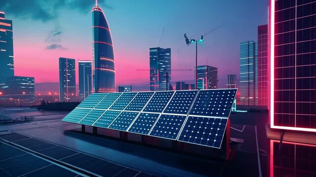 A futuristic cityscape featuring solar panels and neon-lit buildings at dusk footage