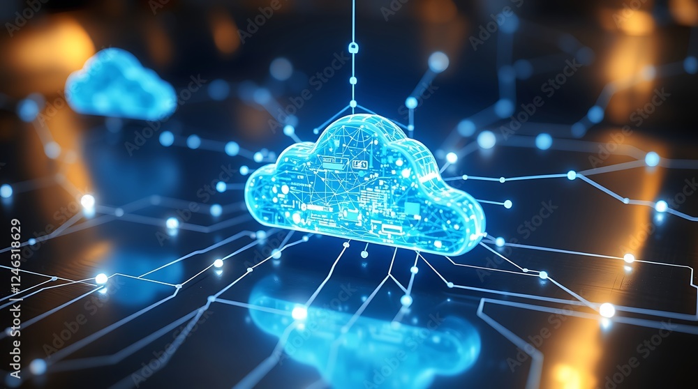 Poster cloud computing concept, cloud-based global networking, data storage, accessibility, scalability, aw