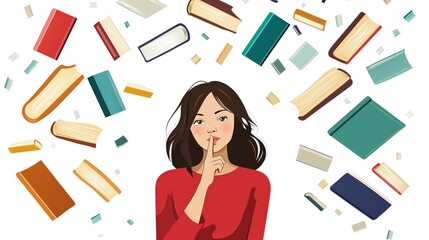 Pensive female wearing red top surrounded by levitating books, signaling quiet reflection with finger pressed against lips, representing scholarly contemplation and knowledge