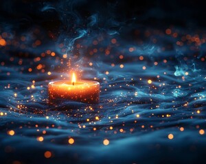 Mystical Floating Candle Enshrouded in Glowing Orbs in Smoky Dark Void