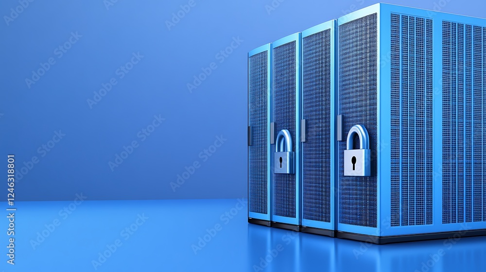 Poster secure data storage racks with padlocks against a minimalist blue background for cybersecurity conce