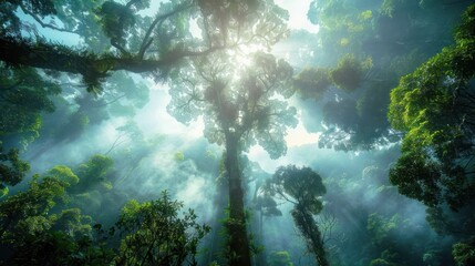 Obraz premium Majestic forest canopy with sunlight filtering through trees, creating a serene atmosphere