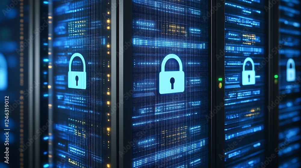 Poster secure data storage with digital lock icons on high-tech server racks in a modern data center enviro