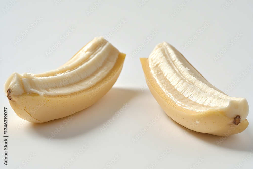 Poster sliced banana fruit on white backdrop showing freshness and sweetness in simple composition
