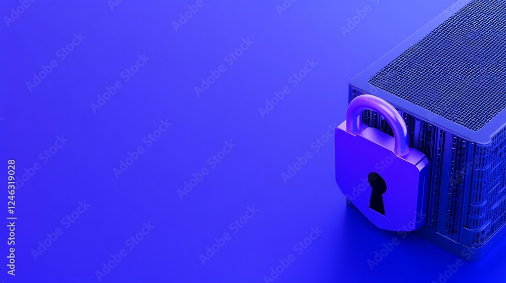 Poster secure data storage with digital lock in vibrant blue background for technology and security themes