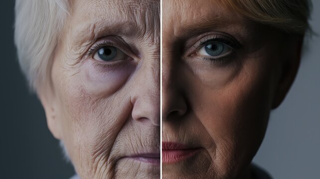 Senior and young female faces profiling close together, revealing wrinkled and smooth skin textures, highlighting generational contrasts through intimate eye contact and facial details