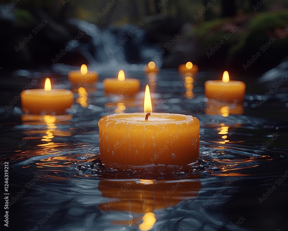 Aufkleber a cluster of tiny tea candles gently floating on a dark river illuminating the water with soft golde