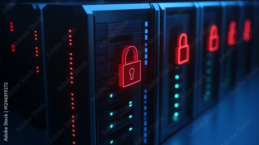 Poster secure data storage with red lock icon on server racks in modern data center with led lights and cab
