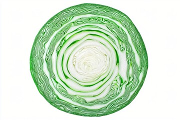 Fototapeta premium Fresh Green Cabbage Cross Section on White Background Revealing Intricate Leafy Layers