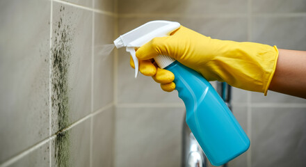 Cleaning mold from bathroom tiles with spray cleaner using gloved hand
