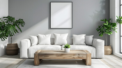 Wooden square coffee table near white sofa in room with grey wall with art poster. Minimalist elegant home interior design of modern living room