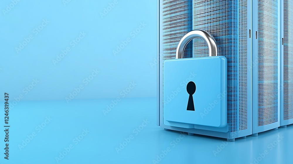 Poster secure digital data storage concept with blue padlock on server against light blue background