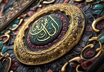 Ornate Decorative Panel with Gold Detailing and Arabic Calligraphy on Dark Background


