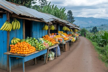 Rural African fruit market, hillside road, vibrant produce, sales