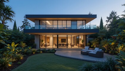 A modern house’s backyard with sleek landscaping, lush greenery, and a cozy outdoor seating area, perfect for relaxation.