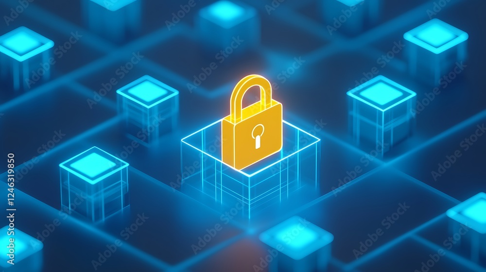 Poster secure digital lock icon on a futuristic blue background representing cybersecurity technology conce