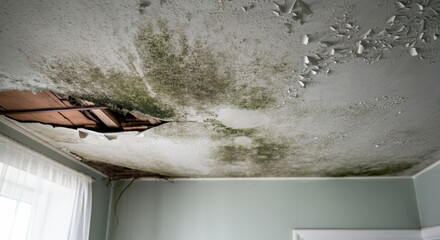 Water damage and mold accumulation on ceiling of a room reflecting neglect and structural issues