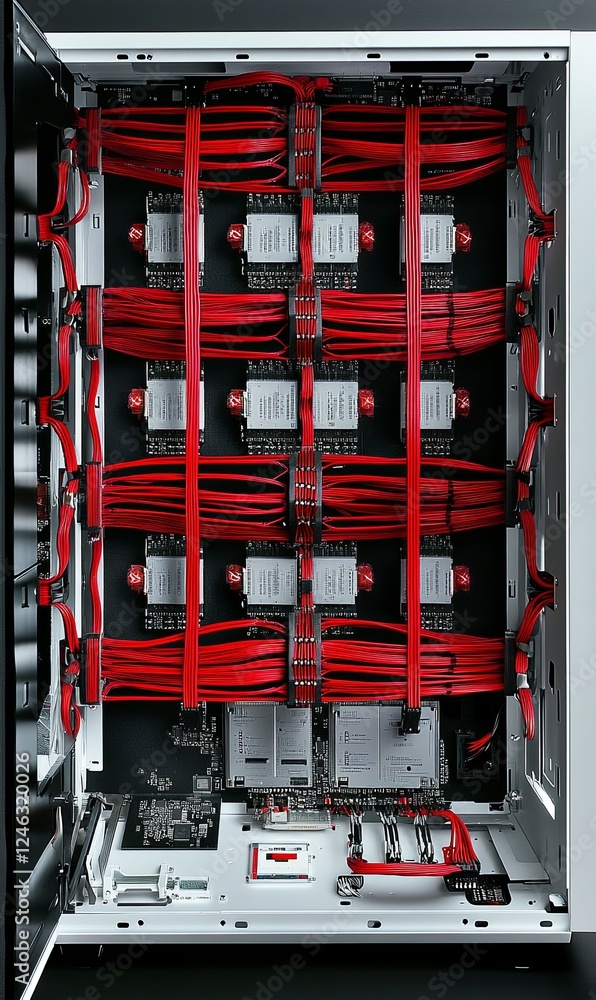 Poster open server rack with neatly organized red cables and multiple hard drives inside a white case
