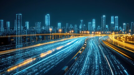 Fototapeta premium Futuristic Cityscape Night Highway Data Streams