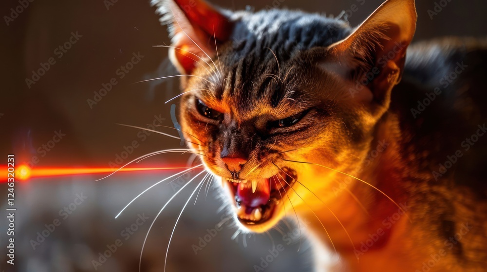 Poster intense feline expression captured as a cat reacts to a laser pointer in a dimly lit room