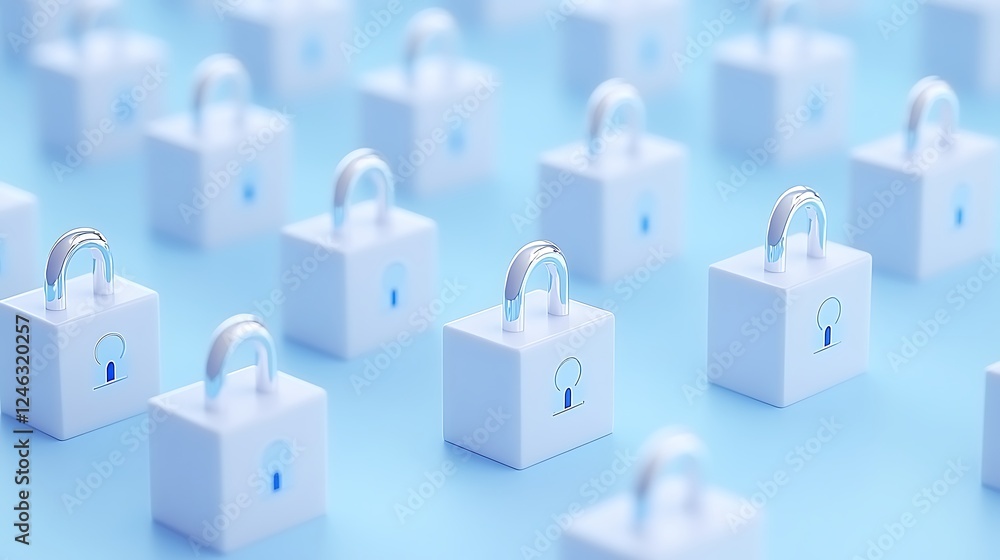 Poster secure lock concept with multiple white locks on a soft blue background for safety and protection th