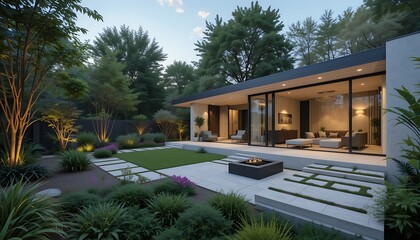 A modern house’s backyard with sleek landscaping, lush greenery, and a cozy outdoor seating area, perfect for relaxation.