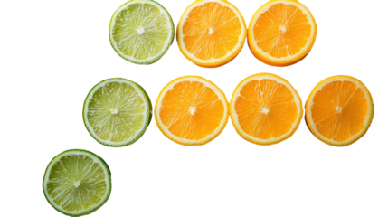 Sliced citrus fruit Limes and oranges arranged on white background, creating a colorful, refreshing and minimalist composition. Still life, studio shot.