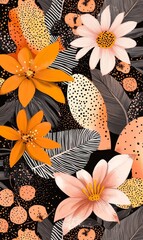 Orange and pink flowers, gray leaves on black background. Floral pattern for fabric, wallpaper